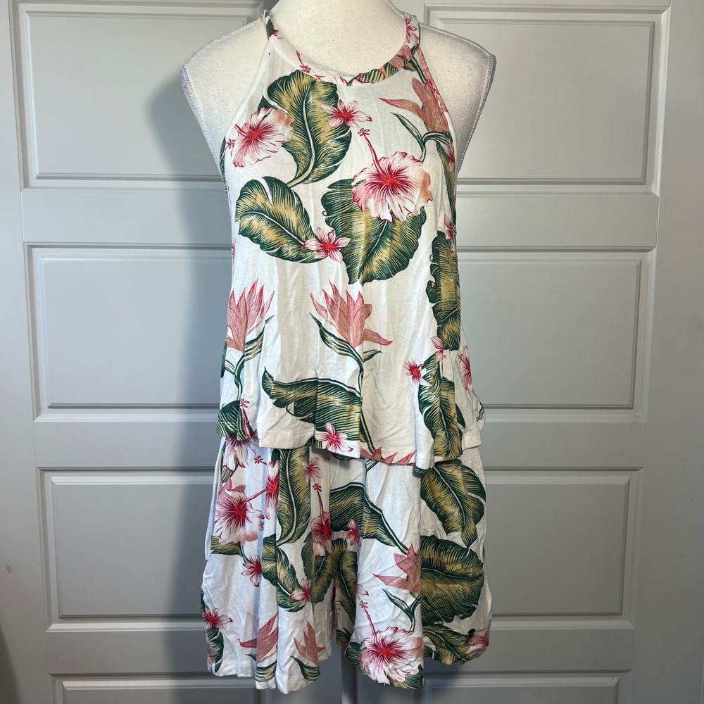 Roxy Women's Tropical Floral Print Halter Romper Jumpsuit L